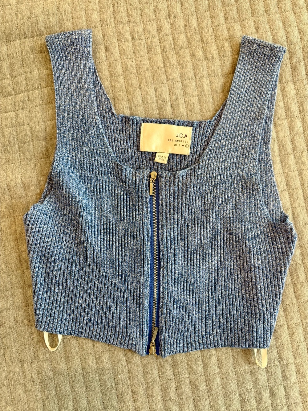J.O.A. Ribbed Zip Front Blue Cropped Tank